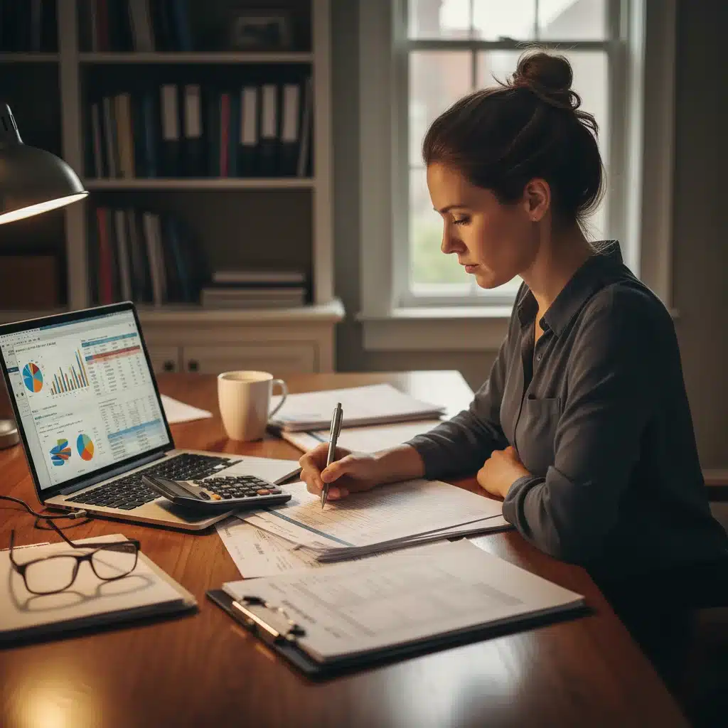 Individual analyzing tax documents and financial statements for strategic tax planning.
