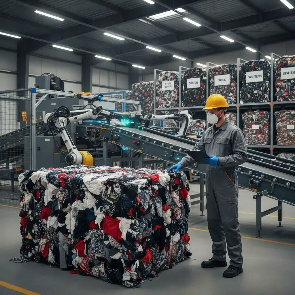 Professional inspecting sorted textiles in a recycling facility