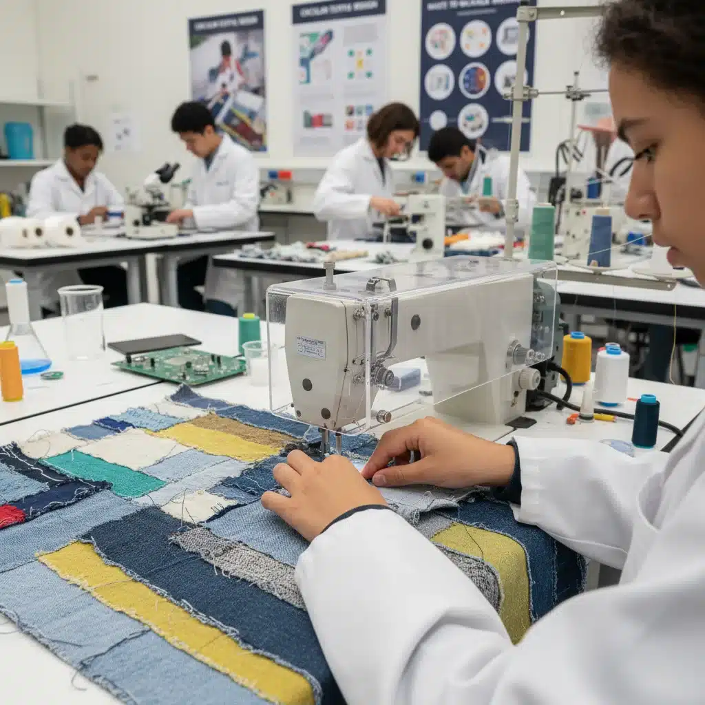 Hands working with upcycled fabric in a university fashion lab