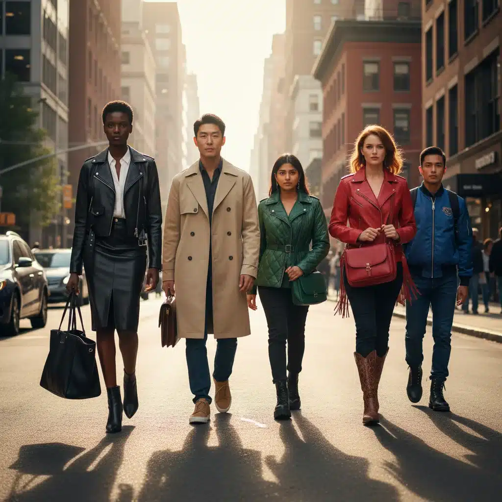 People wearing diverse vegan leather fashion in city
