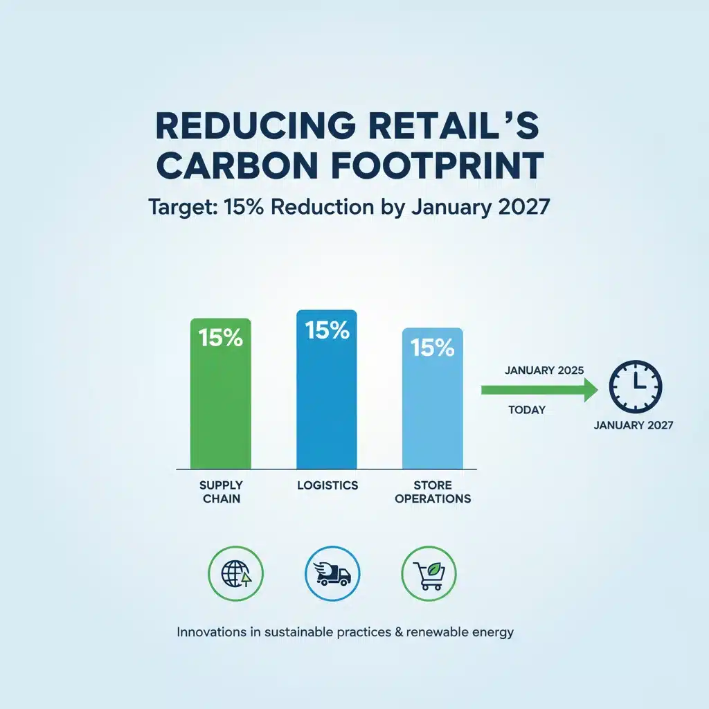 Infographic detailing retail carbon footprint reduction strategies and progress.