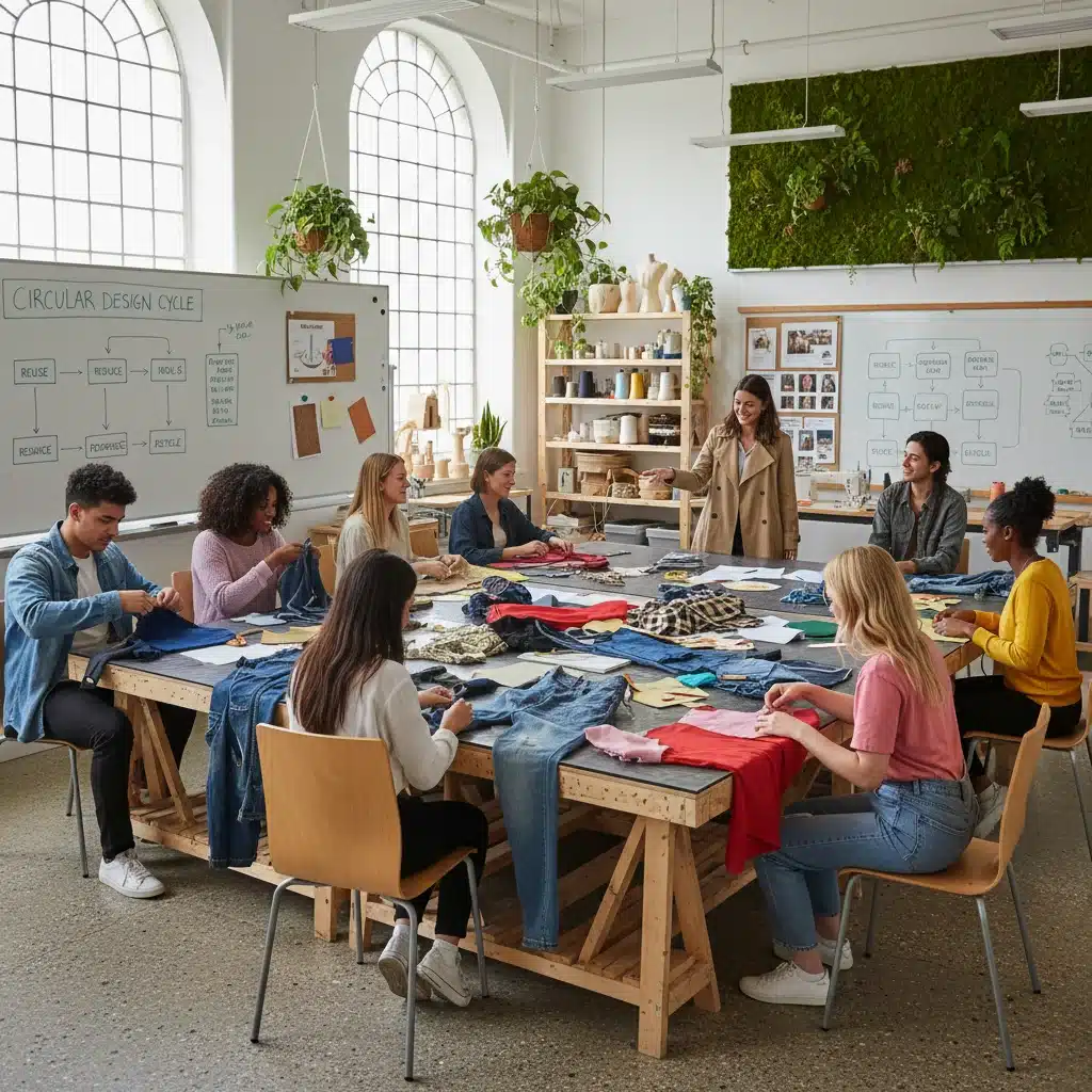 Students learning circular design principles in a workshop, deconstructing and reconstructing garments.