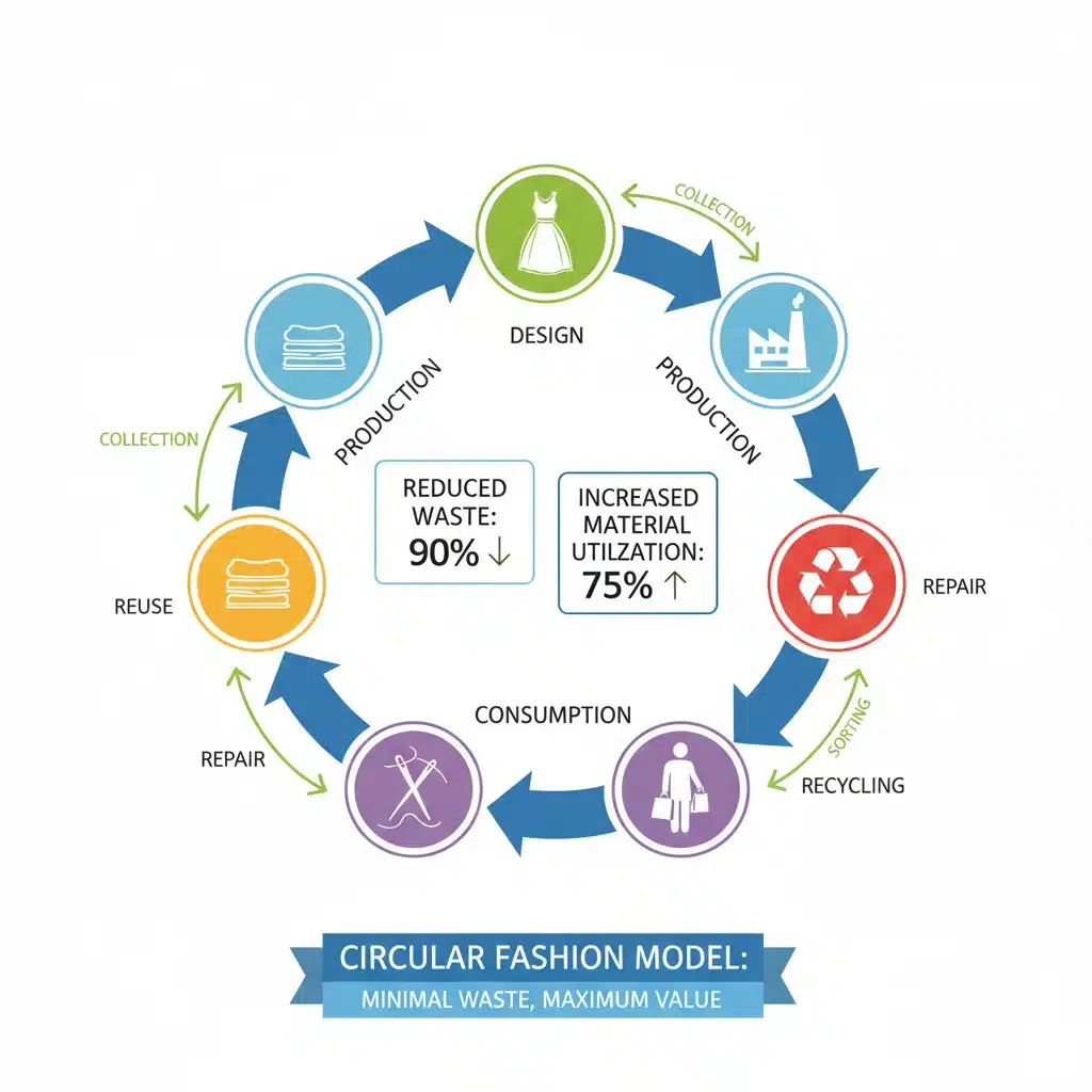 Infographic illustrating the stages and benefits of a circular fashion model.