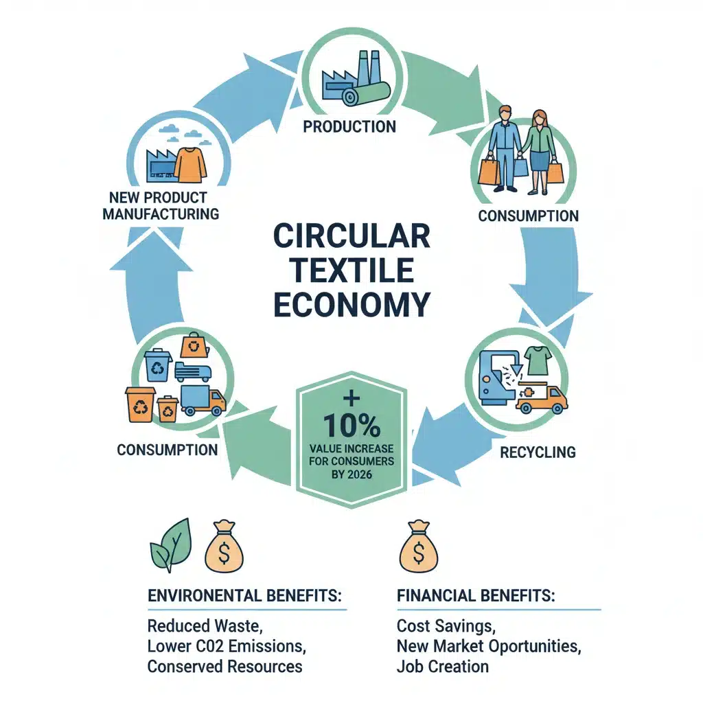 Circular economy model for textiles showing value increase and sustainability