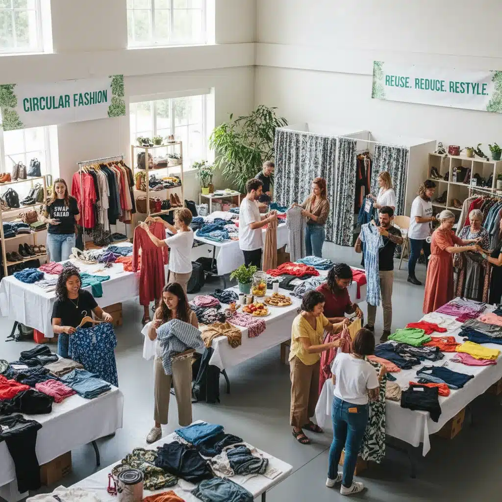People happily exchanging clothes at a community swap event