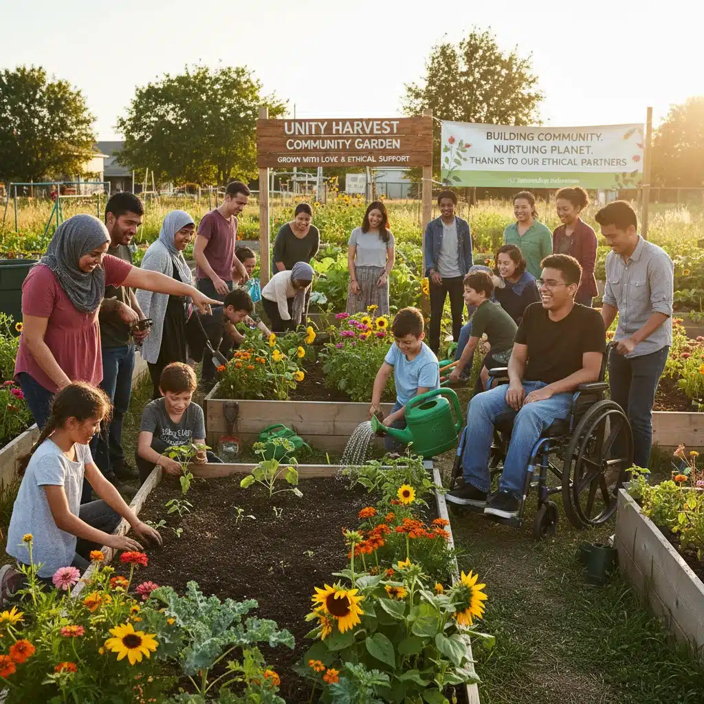Diverse community members working together in a vibrant garden, symbolizing social impact