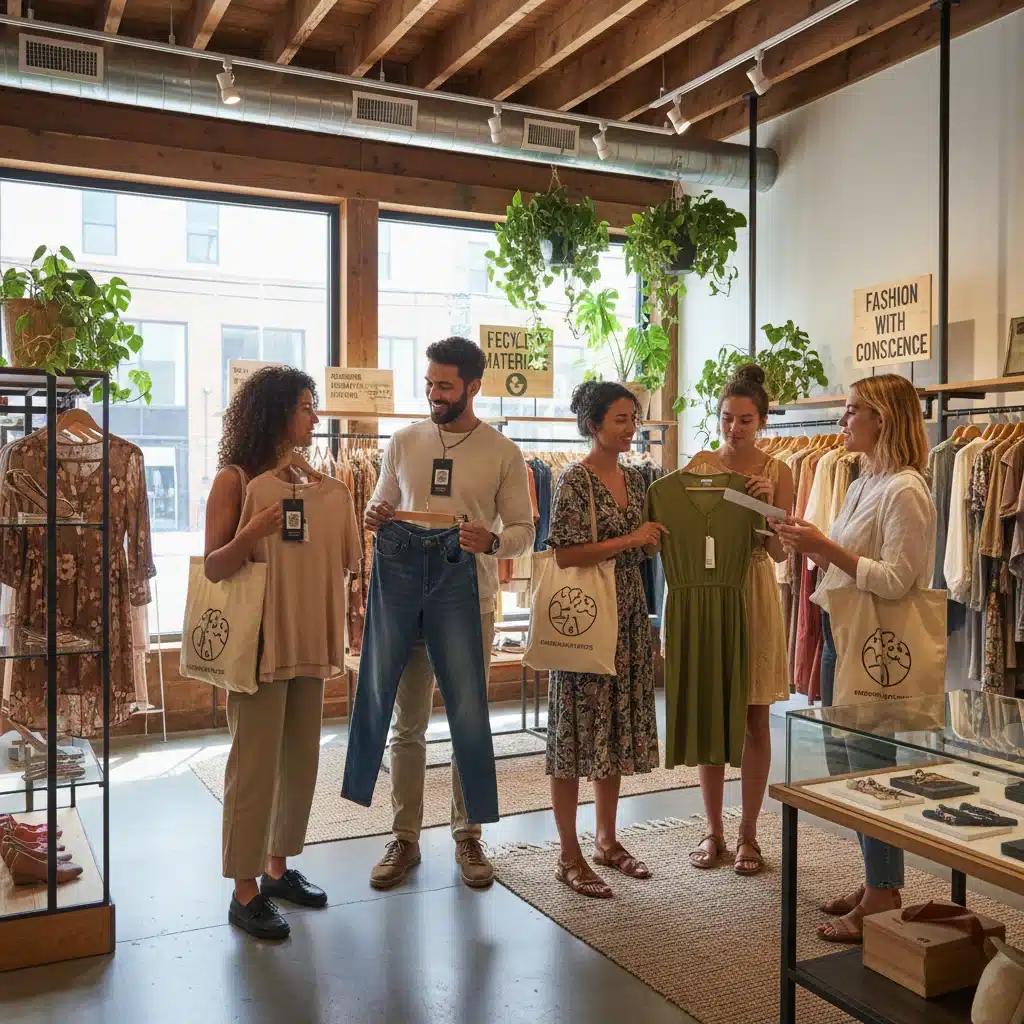 Consumers shopping for ethical and sustainable clothing in a modern boutique