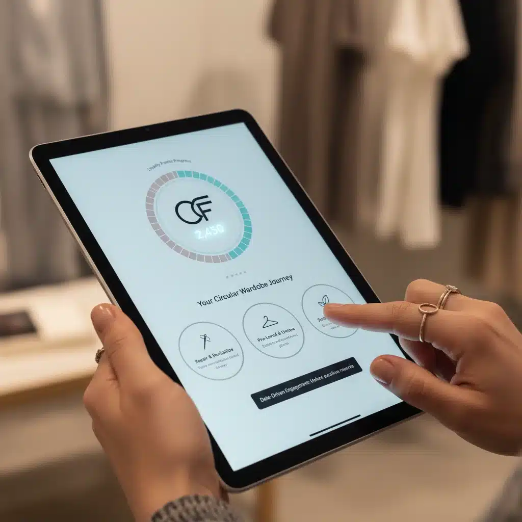 Digital tablet showing customer loyalty program in a circular fashion app.