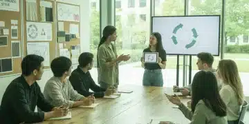 Students discussing eco-fashion leadership skills in a modern classroom setting