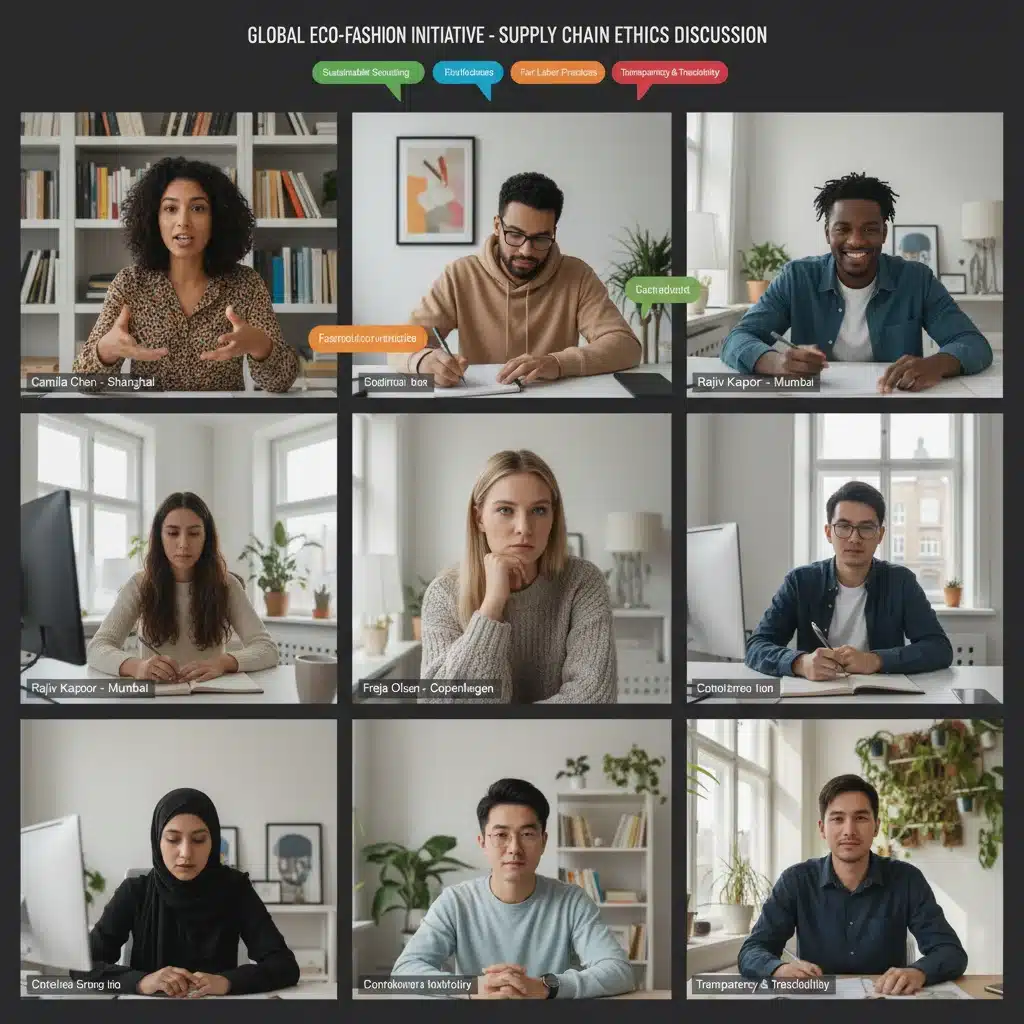 Global team collaborating virtually on ethical fashion supply chain management