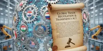 Illustration of global supply chain with gears and digital connections, overlaid with a legal document representing new transparency laws.