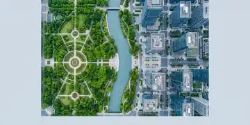 Navigating the New Frontier: Unpacking Emerging Trends in Finance, Benefits, and Education Aerial view of a green urban park with geometric paths flowing into a financial district with skyscrapers, symbolizing the integration of environmental, social, and governance (ESG) principles into finance.