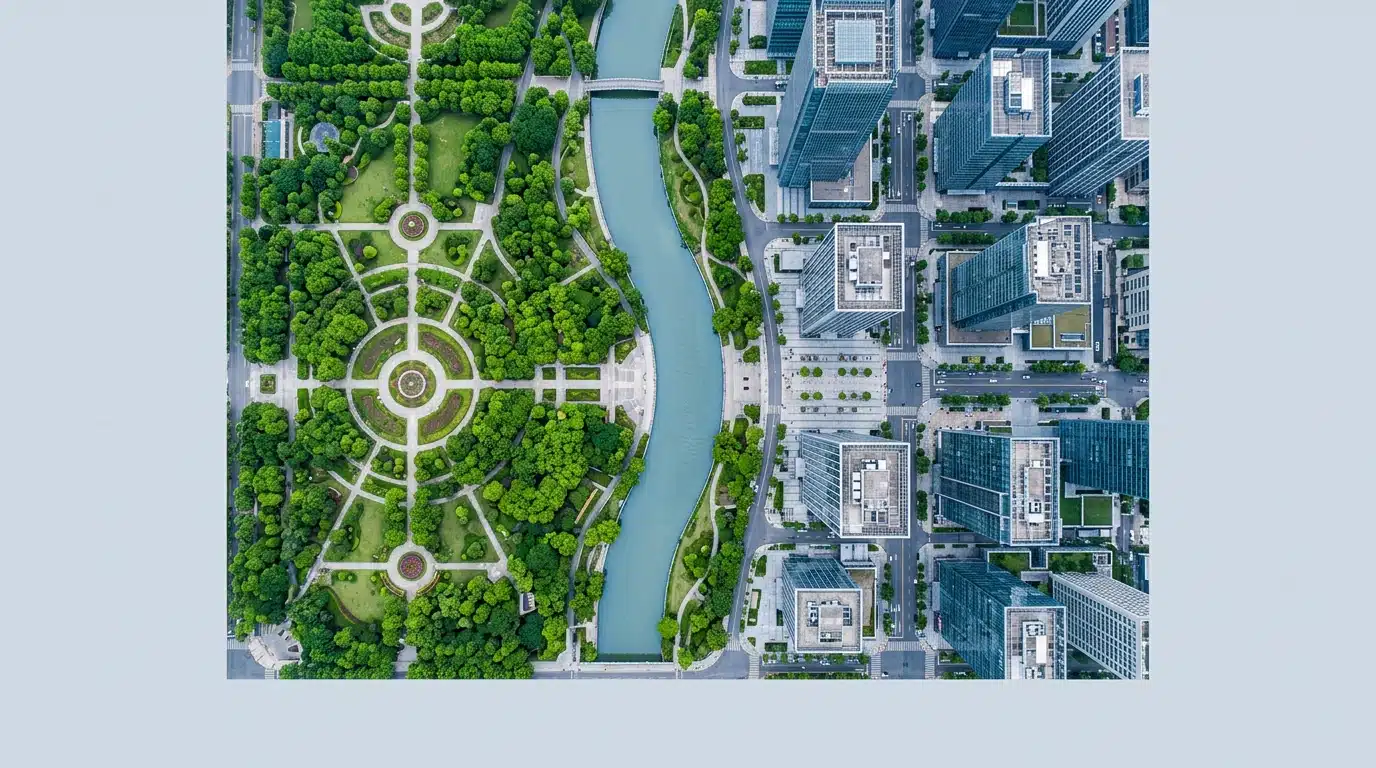 Aerial view of a green urban park with geometric paths flowing into a financial district with skyscrapers, symbolizing the integration of environmental, social, and governance (ESG) principles into finance.
