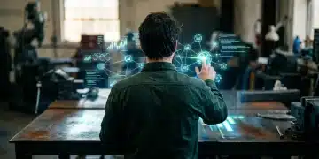 Navigating the Knowledge Economy: Essential Insights for Growth A person viewing a glowing holographic projection of data nodes and financial charts above a steel workbench, illustrating the intangible assets of the knowledge economy.