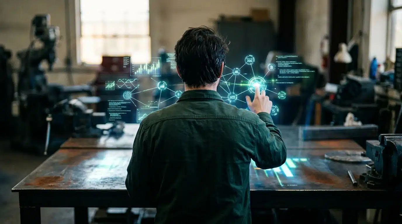 A person viewing a glowing holographic projection of data nodes and financial charts above a steel workbench, illustrating the intangible assets of the knowledge economy.