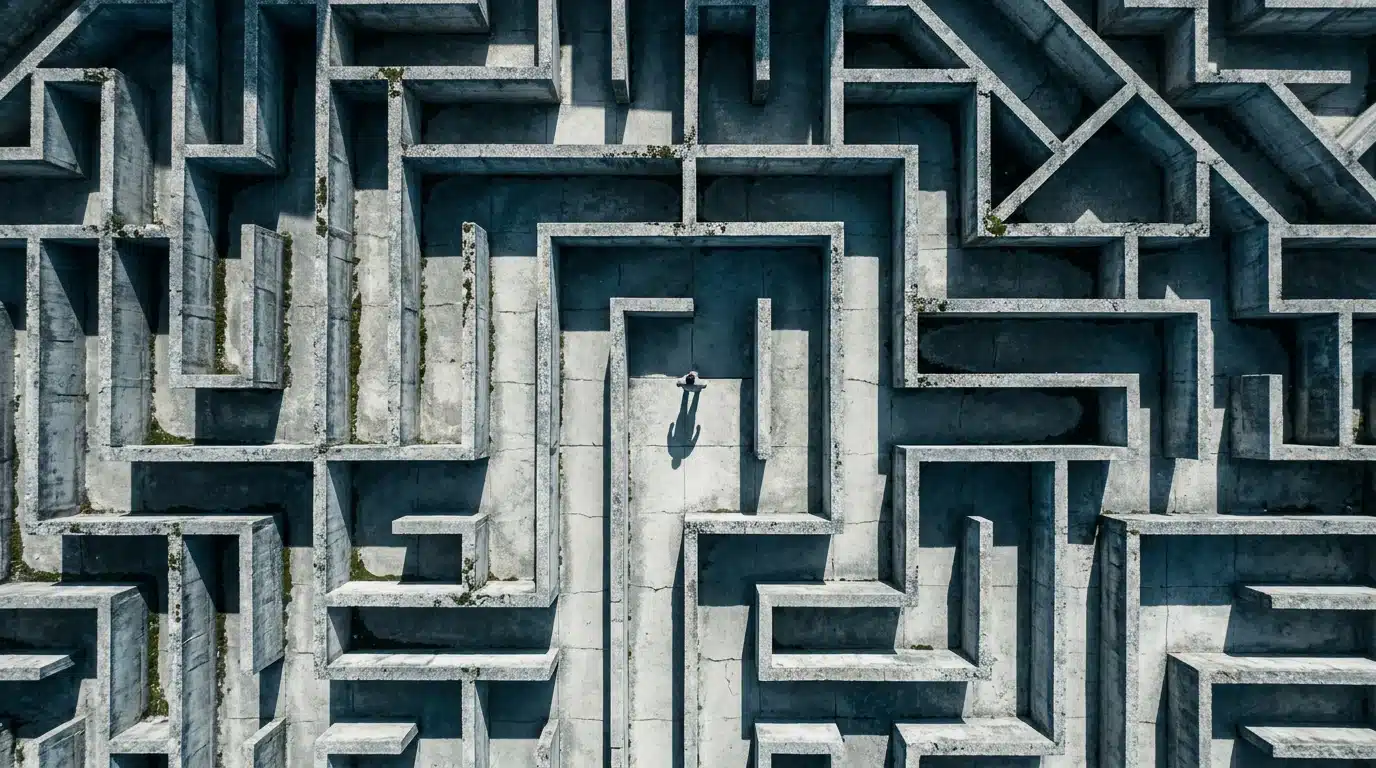 An aerial drone view of a person lost in a complex concrete labyrinth under harsh midday sun, symbolizing financial missteps and the illusion of quick wins.