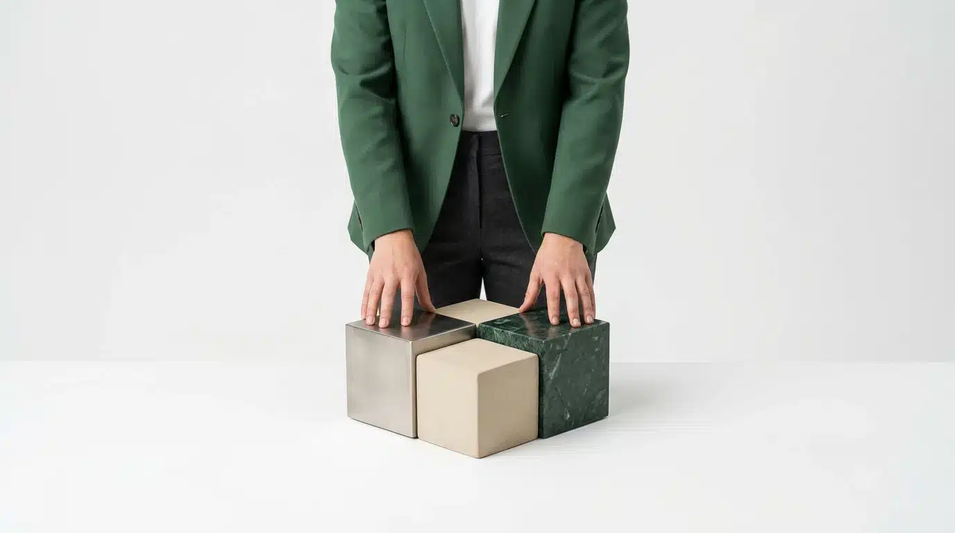 A person in a green blazer touching three geometric blocks representing finance, benefits, and education strategies on a minimalist background, symbolizing integrated growth.