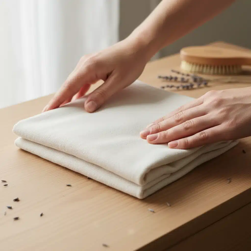 Hands carefully folding organic cotton t-shirt for care