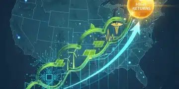 Financial graph showing significant growth with futuristic sector icons.