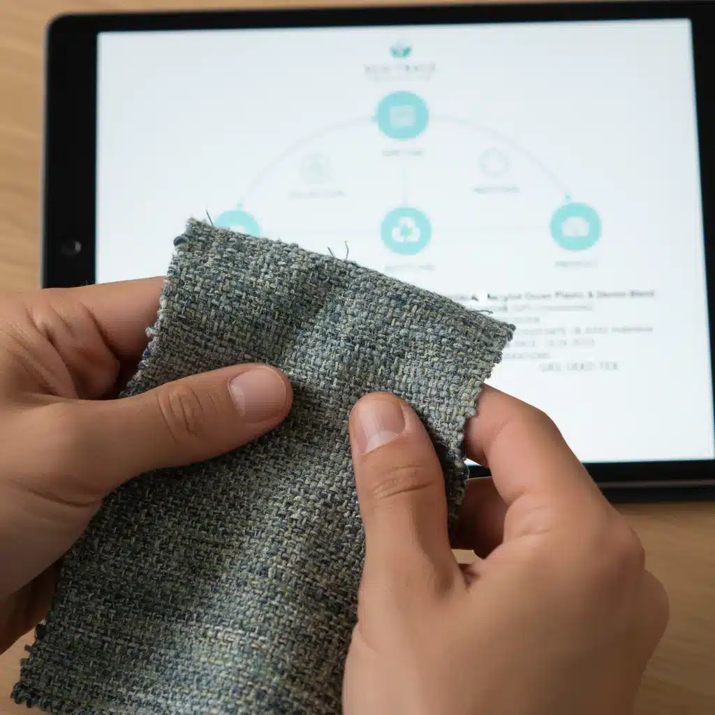 Hands examining recycled fabric swatch with digital tablet showing supply chain data, highlighting material innovation.