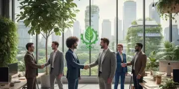 Major US Retailers Commit to 15% Carbon Footprint Reduction by 2027 Executives shaking hands, symbolizing a commitment to carbon reduction goals.