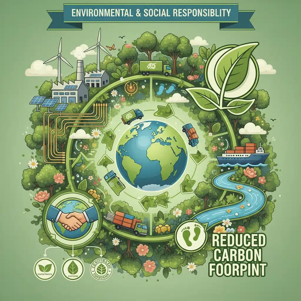 Sustainable and ethical supply chain with green energy and responsible sourcing.