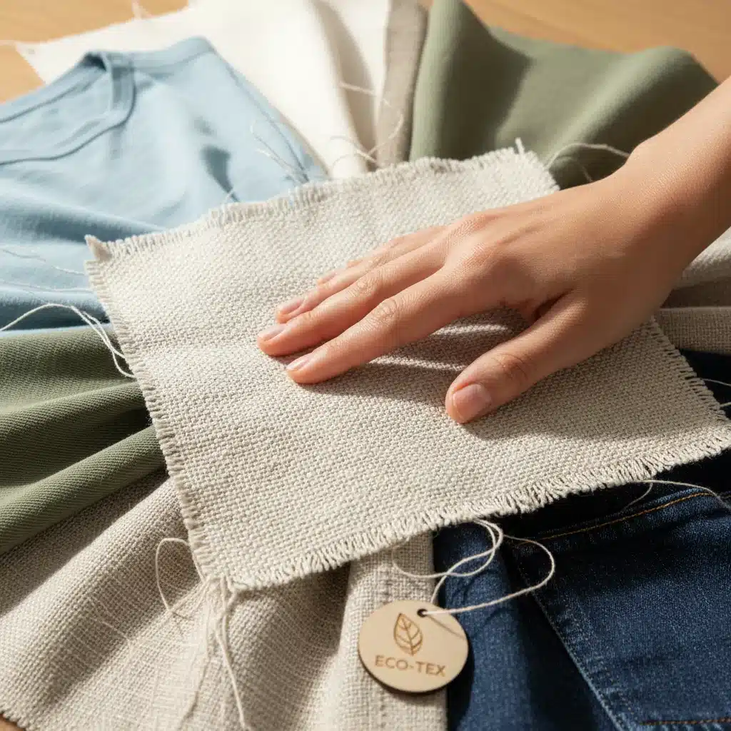Close up of diverse sustainable fabrics like organic cotton and recycled polyester