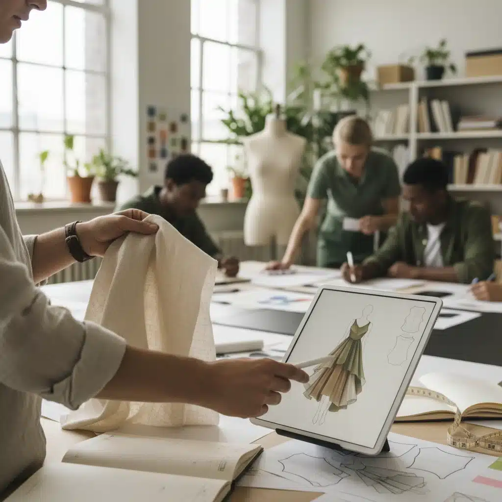 Team collaborating on sustainable fashion design with organic fabrics