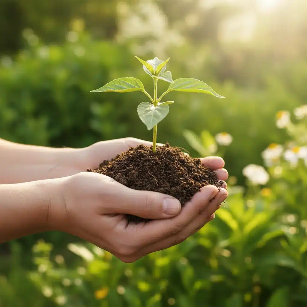 Hands holding a sprouting seedling, symbolizing environmental growth and sustainable future