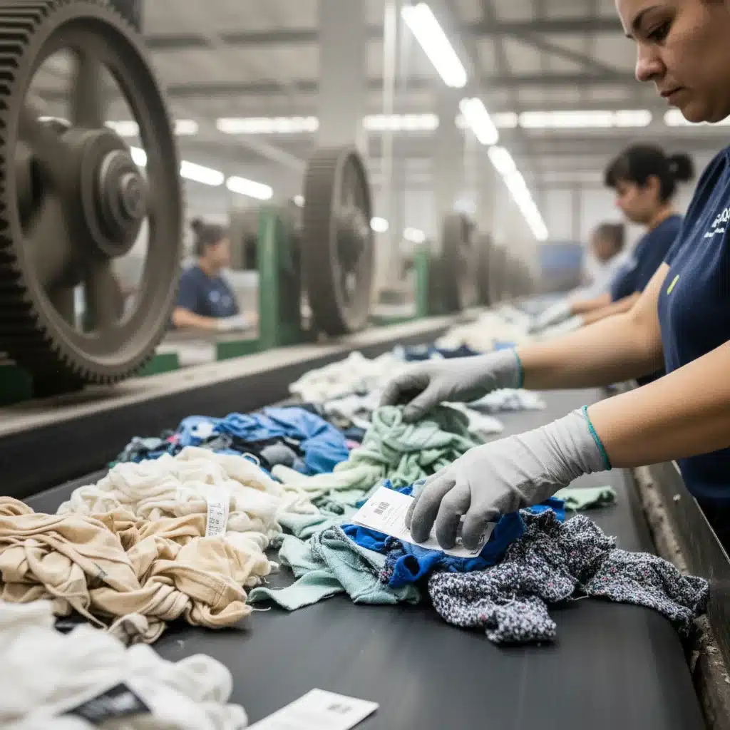 Workers meticulously sorting various textile waste materials on a conveyor belt