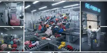 Modern U.S. textile recycling facility processing discarded fabrics for reuse