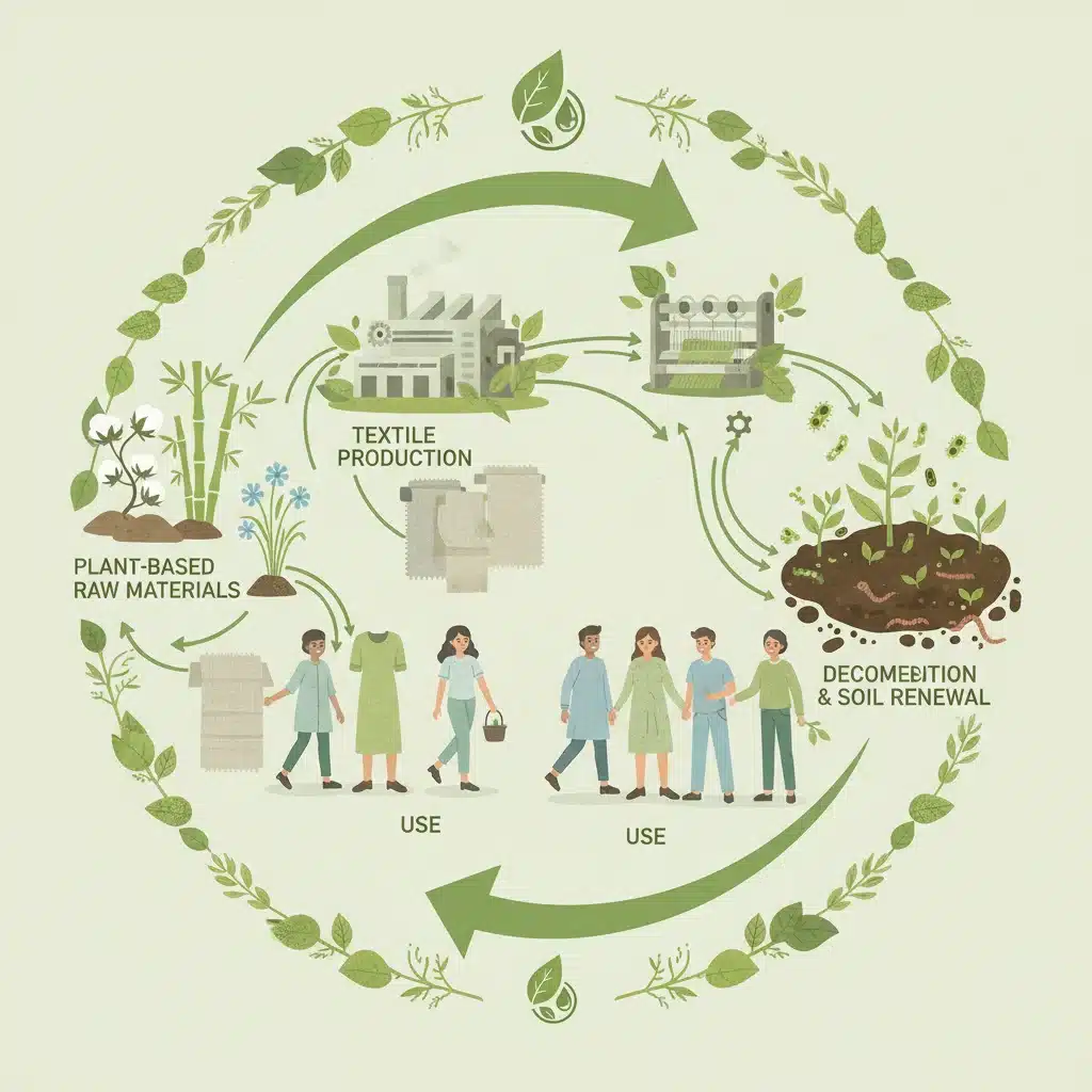 Illustrative lifecycle of biodegradable fabric, from natural origins to environmental decomposition.