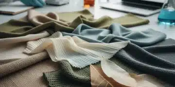 Assortment of biodegradable fabric samples on a lab bench, symbolizing sustainable textile innovation.