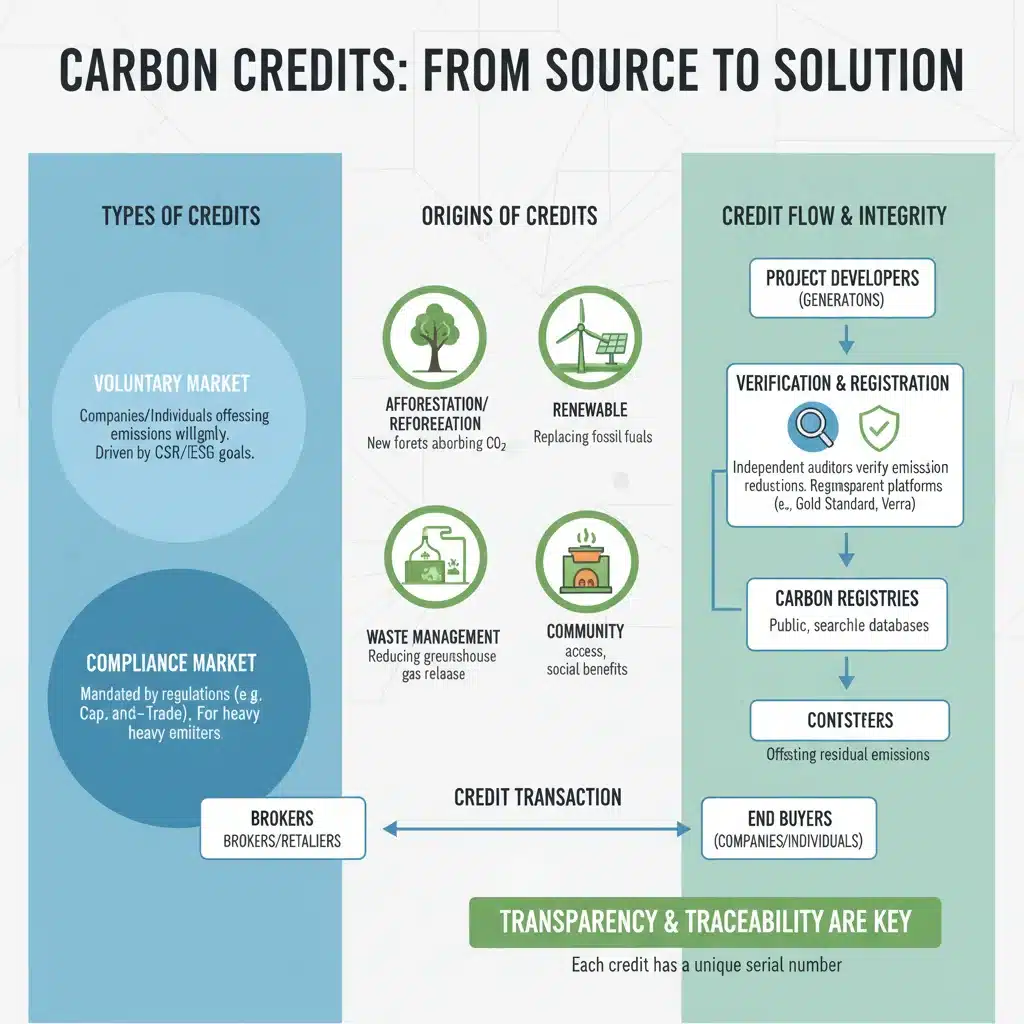 Infographic illustrating the various types and mechanisms of carbon credit generation and trading.