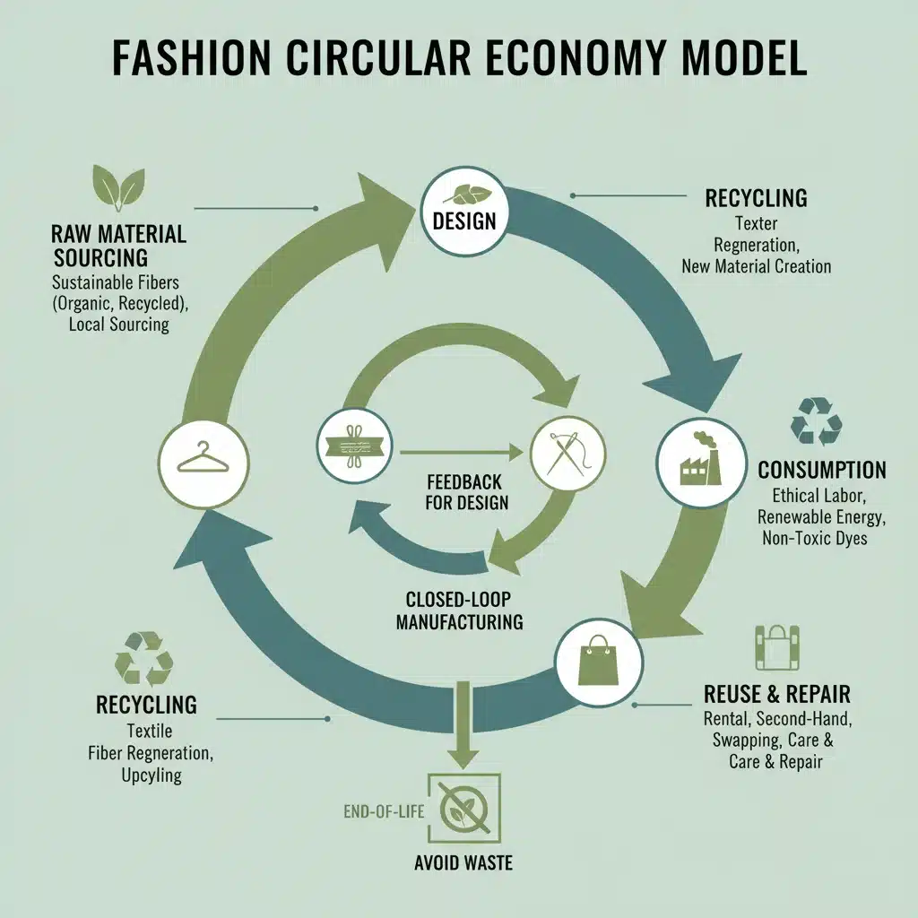 Circular economy model for sustainable fashion infographic