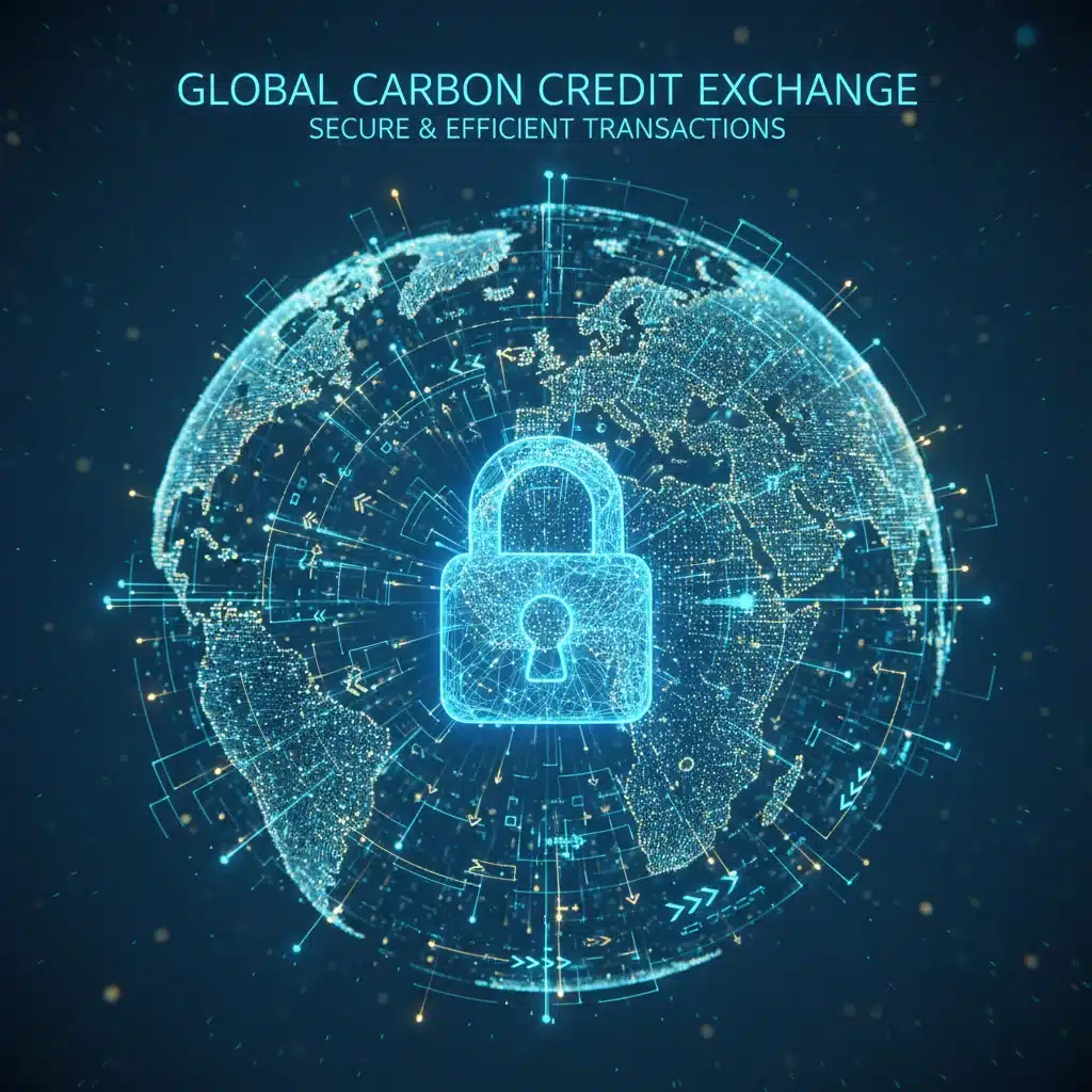 Global digital network illustrating international carbon credit trading platforms.