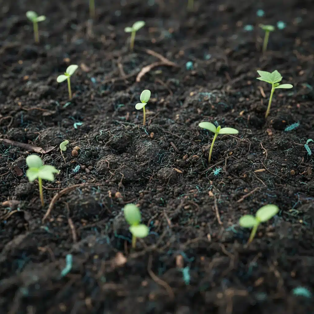 Healthy soil with young regenerative cotton plants, symbolizing enhanced biodiversity.