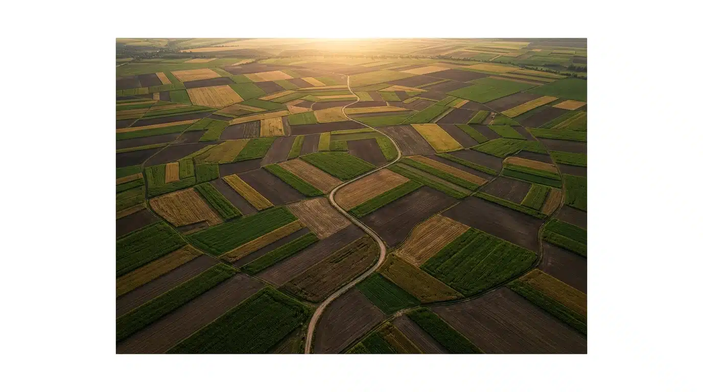 Aerial drone view of geometrically patterned agricultural fields symbolizing complex data and interconnected systems of education, finance, and benefits.