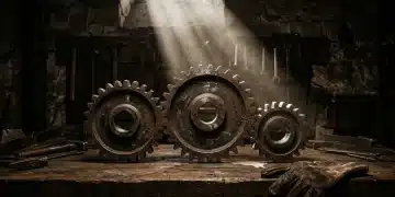 Interlocked cast-iron gears on a dark workbench, dramatically lit, symbolizing the synergy of integrated finance, benefits, and education strategies for organizational growth.