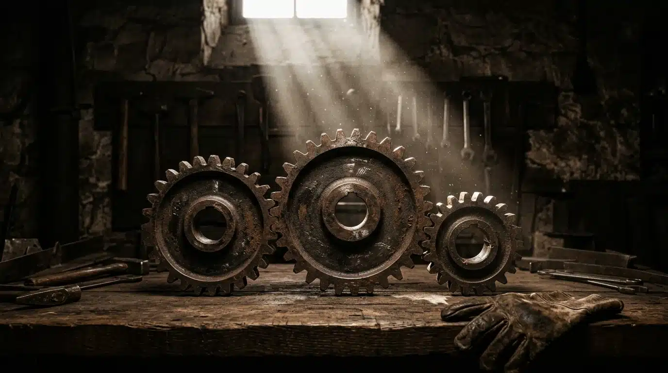 Interlocked cast-iron gears on a dark workbench, dramatically lit, symbolizing the synergy of integrated finance, benefits, and education strategies for organizational growth.