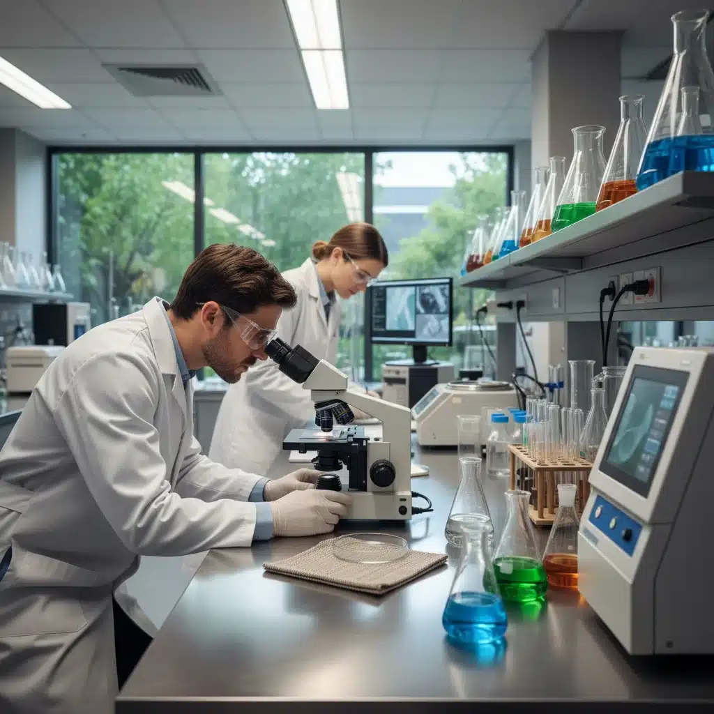 Scientists analyzing biodegradable textile fibers with advanced laboratory equipment.